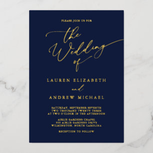 Navy Blue Gold Foil Monogram Minimalist Wedding