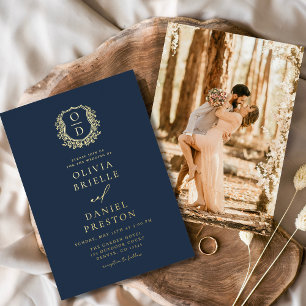 Navy Blue Gold Foil Photo Monogram Wedding