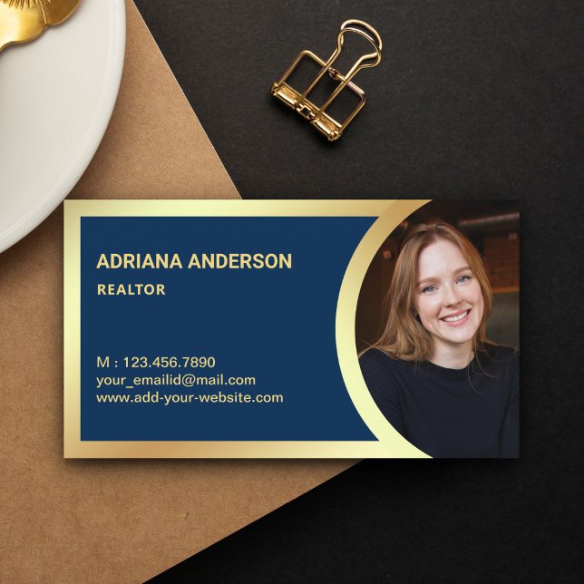 Navy Blue Gold Foil Real Estate Photo Realtor Business Card (Creator Uploaded)