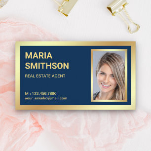 Navy Blue Gold Foil Real Estate Realtor Photo Business Card