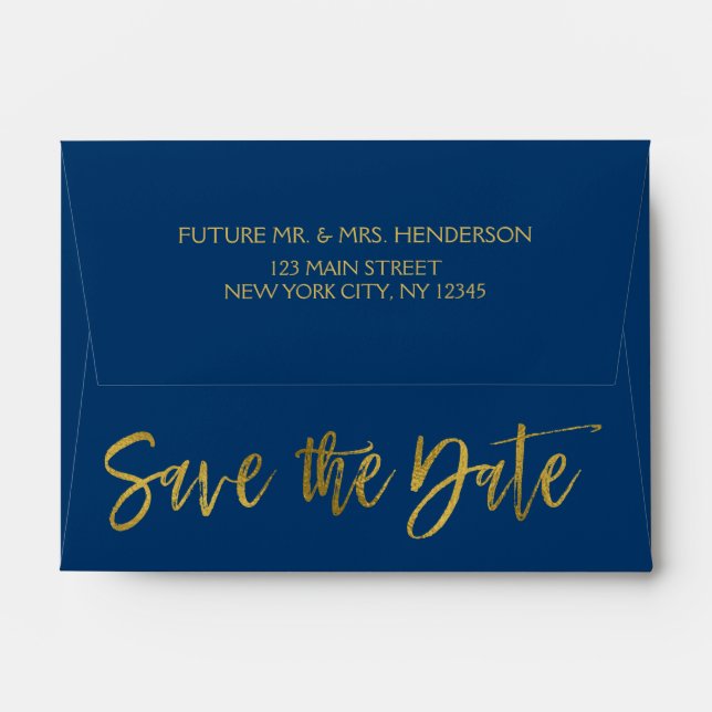 Navy Blue Gold Foil Save the Date Envelopes (Back (Top Flap))