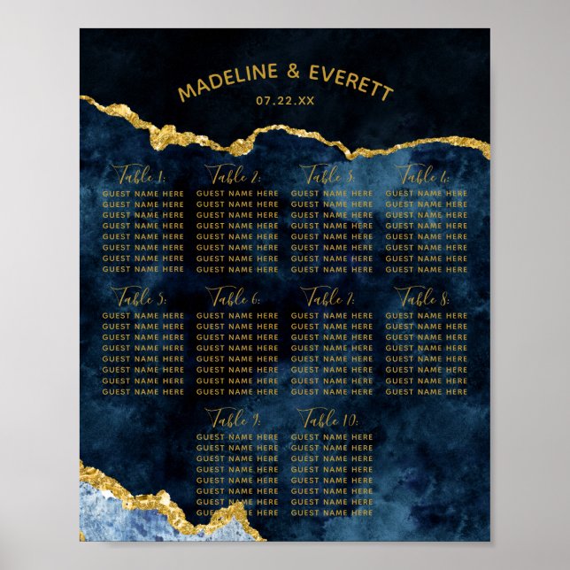 Navy Blue Gold Foil Wedding Table Seating Chart (Front)