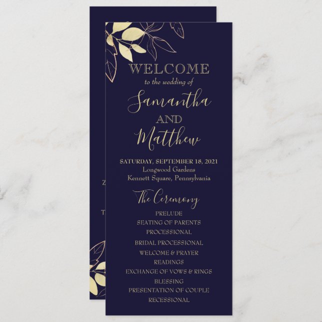 Navy Blue & Gold Foliage Botanical Wedding Program (Front/Back)