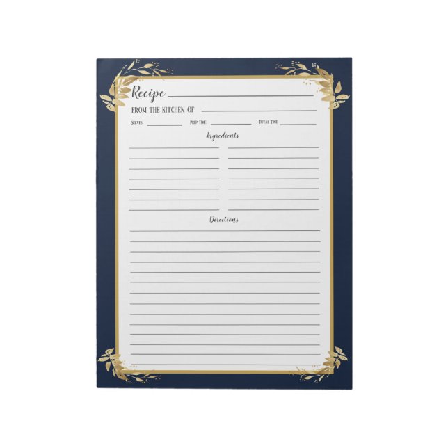 Navy Blue Gold Foliage Recipe Binder Notepad (Rotated)