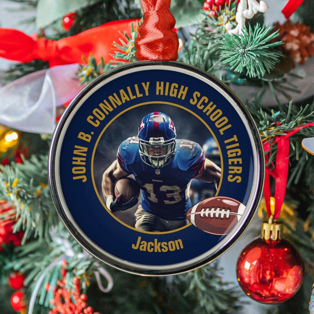 Navy Blue Gold Football Player Photo Christmas Metal Ornament (Creator Uploaded)