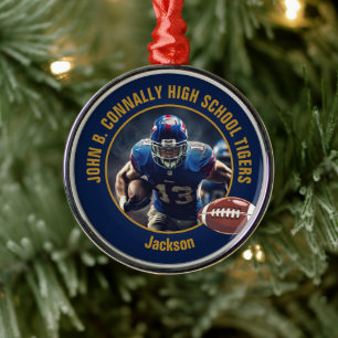 Navy Blue Gold Football Player Photo Christmas Metal Ornament