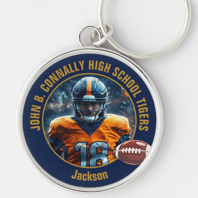 Navy Blue Gold Football Player Photo Commemorative Key Ring (Front)