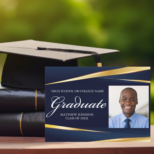 Navy Blue Gold Formal Photo Geometric Graduation Announcement (Creator Uploaded)