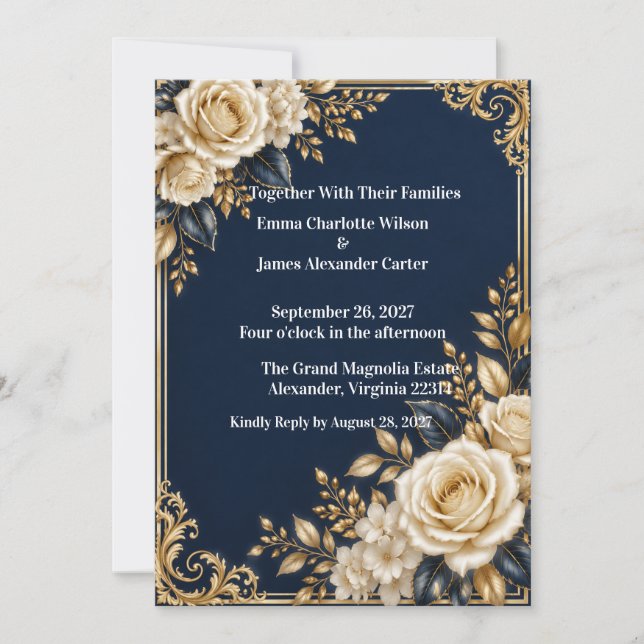 Navy Blue & Gold Formal Wedding Invitation (Front)