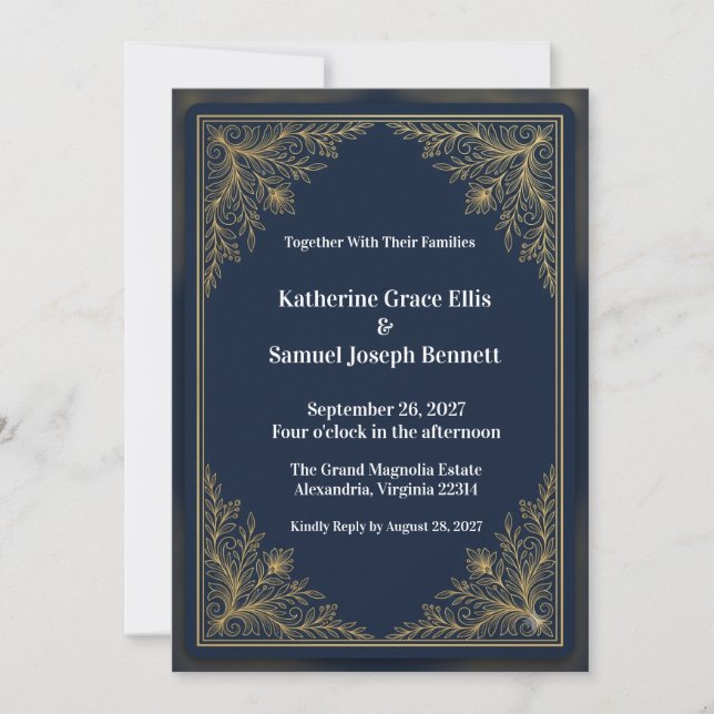 Navy Blue & Gold Formal Wedding Invitation (Front)