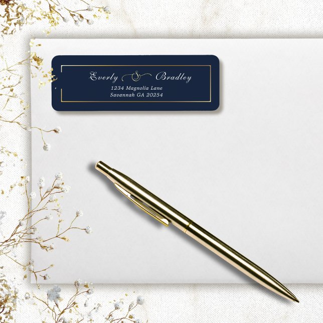 Navy Blue Gold Frame Elegant Simple Return Address Label (Creator Uploaded)