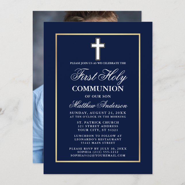 Navy Blue Gold Frame First Holy Communion Photo Invitation (Front/Back)