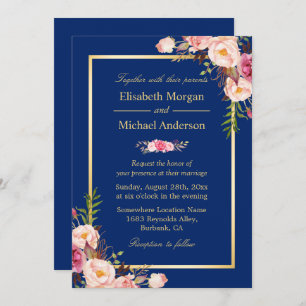 Navy Blue Gold Frame Pink Floral Wedding Invitation