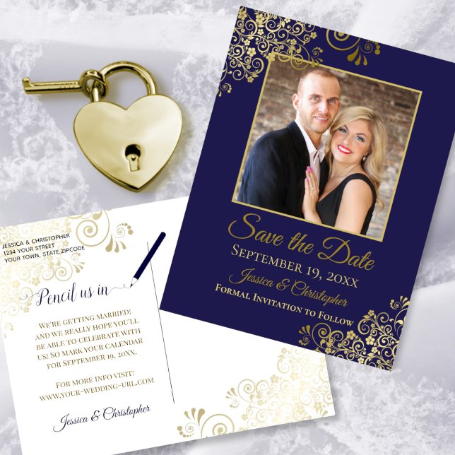 Navy Blue Gold Frills Photo Save the Date Wedding Announcement Postcard (Front/Back)
