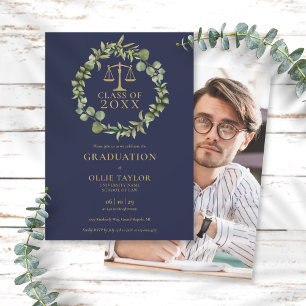 Navy Blue Gold Garland Photo Law School Graduation Invitation