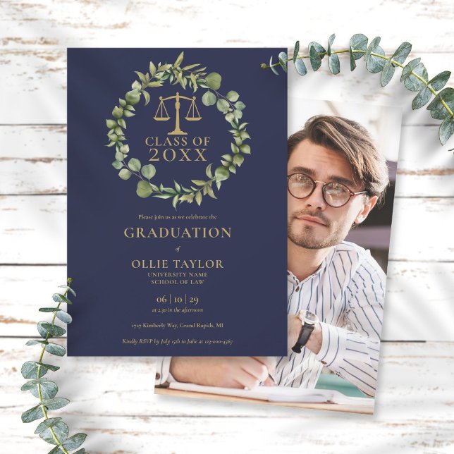 Navy Blue Gold Garland Photo Law School Graduation Invitation (Creator Uploaded)