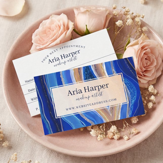 Navy Blue & Gold Geode Gold Glitter Agate Appointment Card (Navy Geode Agate Makeup Artist Gift Certificate)