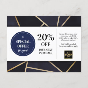 Navy Blue Gold Geometric Coupon Discount Postcard