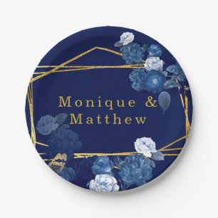 Navy Blue & Gold Geometric Floral Wedding Paper Plate