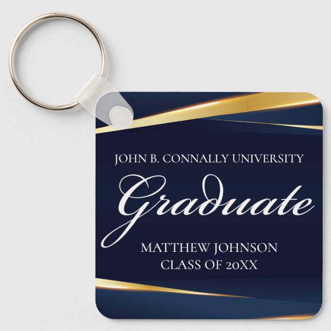Navy Blue Gold Geometric Formal Graduation Custom Key Ring (Front)