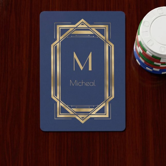 Navy Blue &  Gold Geometric | Monogram & Name   Playing Cards (Creator Uploaded)