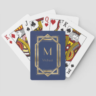Navy Blue &  Gold Geometric | Monogram & Name   Playing Cards