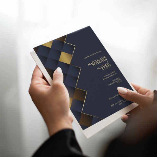 Navy Blue & Gold Geometric Wedding Invitation (Creator Uploaded)