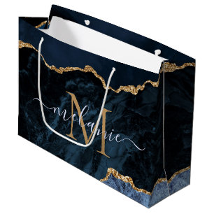 Navy Blue Gold Gift Bag Custom Name and Letter