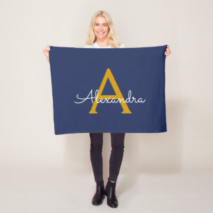 Navy Blue Gold Girly Monogram Name Modern Fleece Blanket