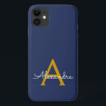Navy Blue Gold Girly Script Monogram Name Modern iPhone 11 Case<br><div class="desc">Gold and Navy Blue Monogram Add Your Own Name Phone Case. This makes the perfect sweet 16 birthday,  wedding,  bridal shower,  anniversary,  baby shower or bachelorette party gift for someone that loves glam luxury and chic styles.</div>