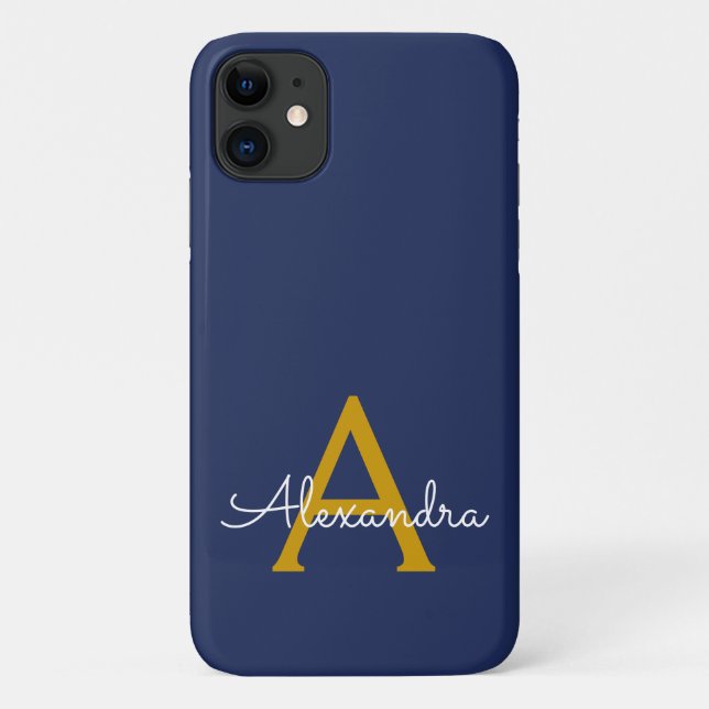 Navy Blue Gold Girly Script Monogram Name Modern Case-Mate iPhone Case (Back)