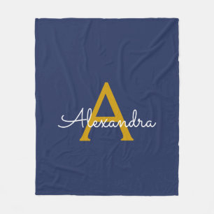 Navy Blue Gold Girly Script Monogram Name Modern Fleece Blanket
