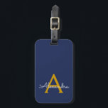 Navy Blue Gold Girly Script Monogram Name Modern Luggage Tag<br><div class="desc">Gold and Navy Blue Monogram Add Your Own Name Script Signature Pillow. The luggage bag tag makes the perfect sweet 16 birthday,  wedding,  bridal shower,  baby shower or bachelorette party gift for someone who loves a chic elegant and modern style.</div>