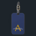 Navy Blue Gold Girly Script Monogram Name Modern Luggage Tag<br><div class="desc">Gold and Navy Blue Monogram Add Your Own Name Script Signature Pillow. The luggage bag tag makes the perfect sweet 16 birthday,  wedding,  bridal shower,  baby shower or bachelorette party gift for someone who loves a chic elegant and modern style.</div>