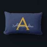Navy Blue Gold Girly Script Monogram Name Modern Lumbar Cushion<br><div class="desc">Gold and Navy Blue Monogram Add Your Own Name Lumbar Pillow. This makes the perfect sweet 16 birthday,  wedding,  bridal shower,  anniversary,  baby shower or bachelorette party gift for someone that loves glam luxury and chic styles.</div>