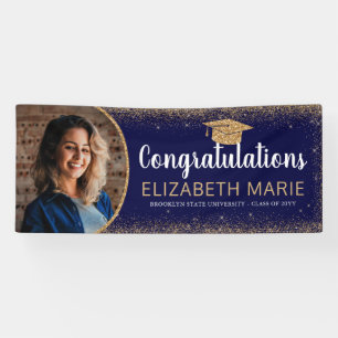 Navy Blue Gold Glitter 2021 Class Photo Graduation Banner