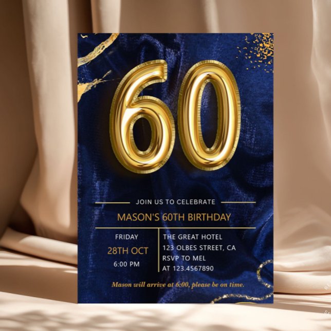 Navy Blue Gold Glitter 60th Birthday Invitation (Navy blue and gold glitters surprise 60th birthday party invitation. Elegant modern design featuring)