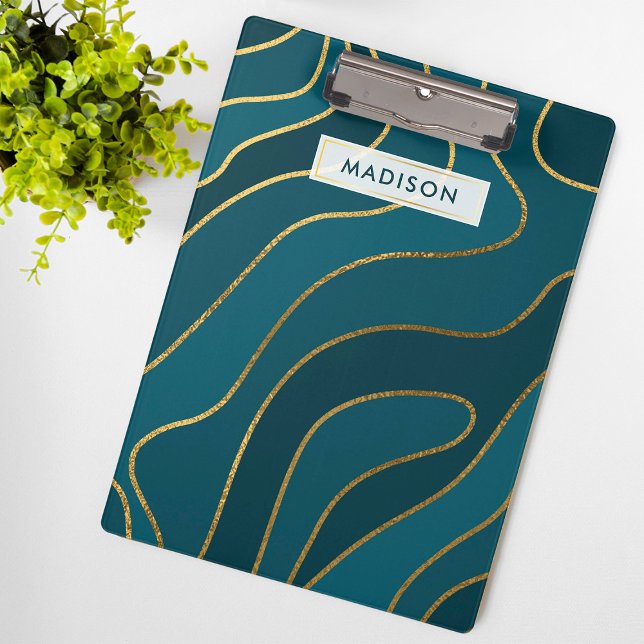 Navy Blue Gold Glitter Abstract Lines Personalised Clipboard (Creator Uploaded)