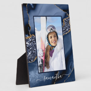Navy Blue Gold Glitter Agate Elegant Name Photo Plaque