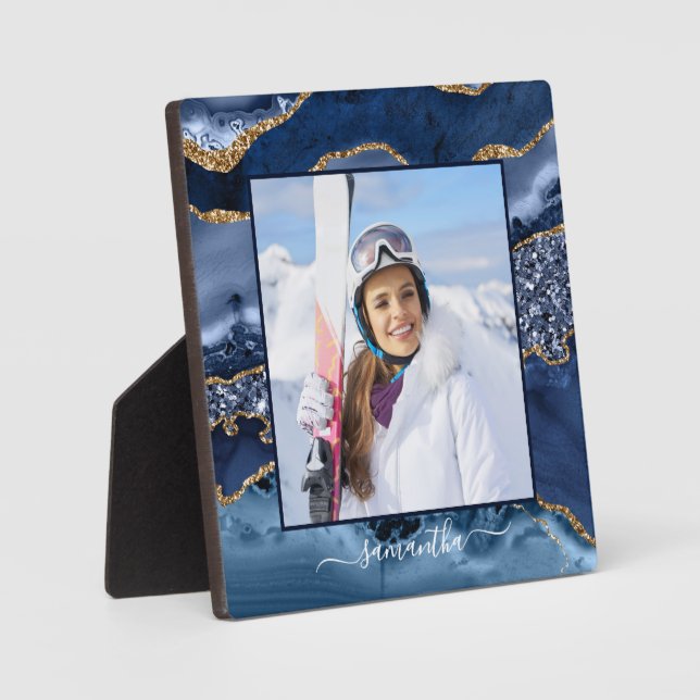 Navy Blue Gold Glitter Agate Elegant Name Photo Plaque (Front)