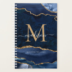 Navy Blue Gold Glitter Agate Geode Girly Monogram Planner