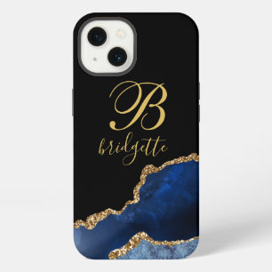 Navy Blue Gold Glitter Agate Monogram iPhone 13 Case