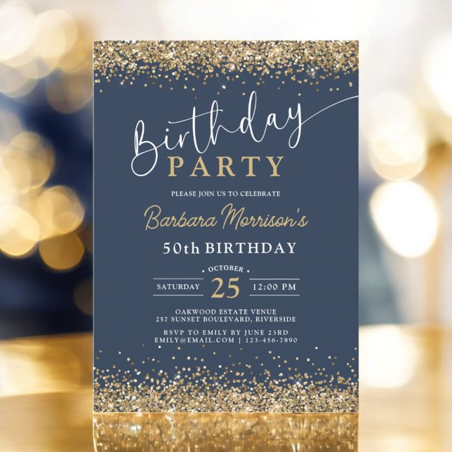 Navy Blue Gold Glitter Any Age 50th Birthday  Invitation (Creator Uploaded)