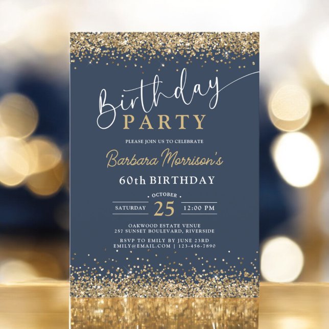 Navy Blue Gold Glitter Any Age 60th Birthday  Invitation (Creator Uploaded)