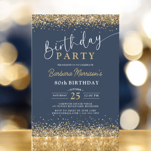 Navy Blue Gold Glitter Any Age Birthday Invitation