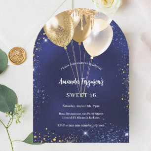 Navy blue gold glitter balloons arch birthday invitation