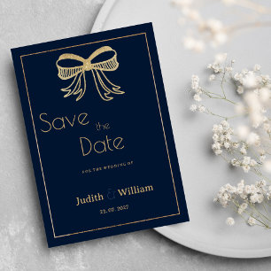 Navy blue gold glitter bow ribbon Save the Date Invitation
