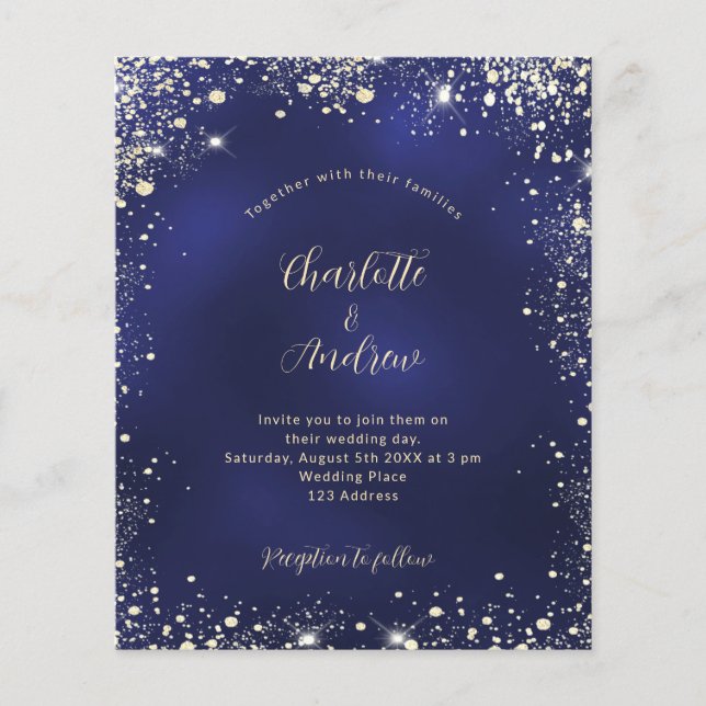 Navy blue gold glitter budget wedding invitation flyer (Front)