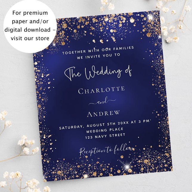 Navy blue gold glitter budget wedding invitation flyer (Creator Uploaded)