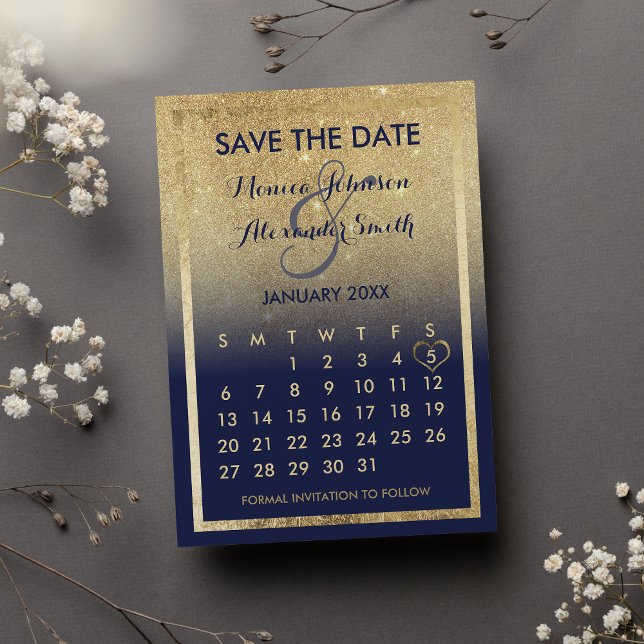 Navy Blue Gold Glitter Calendar Save the Date  Announcement Postcard (Navy Blue Gold Glitter Calendar Save the Date Announcement )